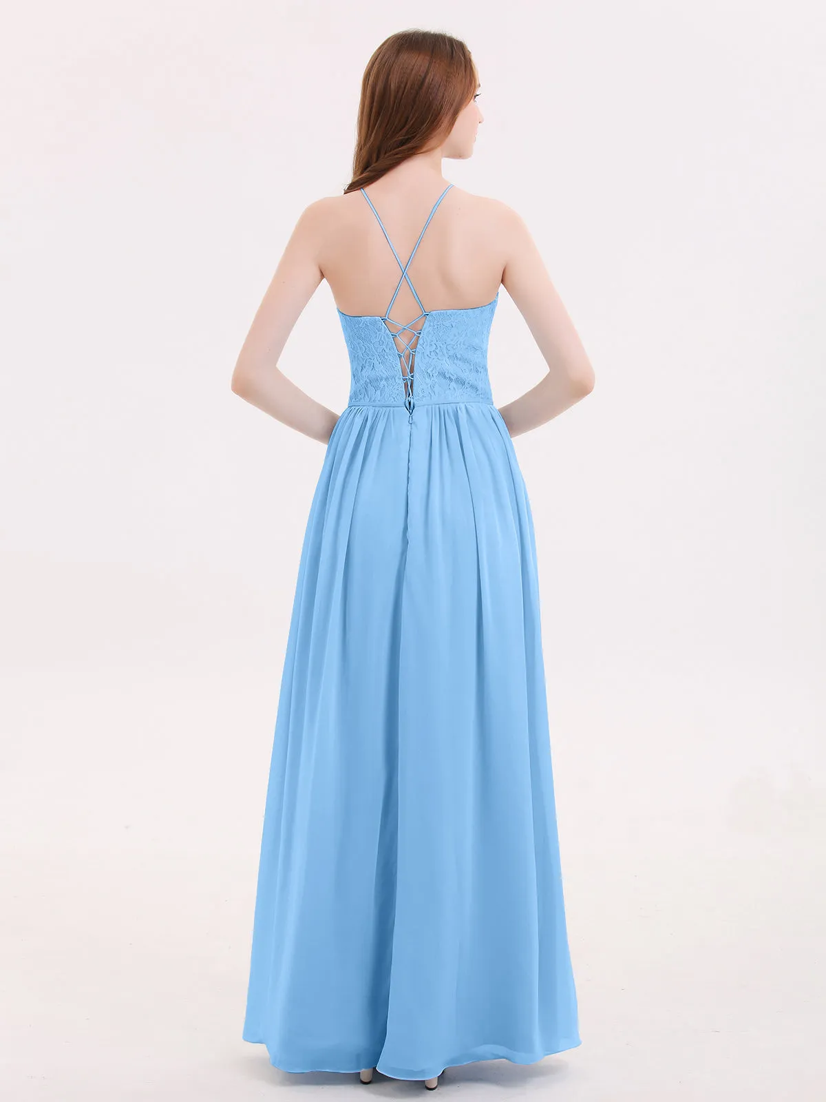 Illusion Neck Lace and Chiffon Maxi Gowns-Blue