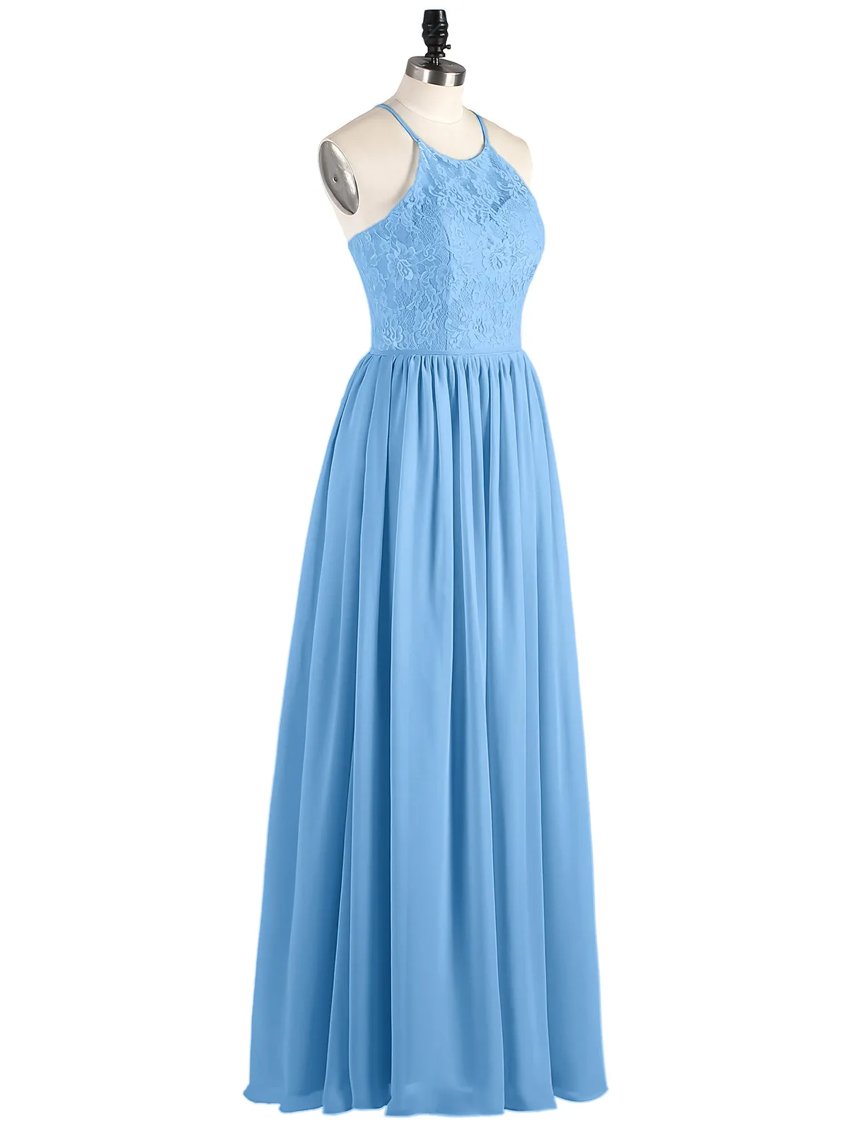 Illusion Neck Lace and Chiffon Maxi Gowns-Blue