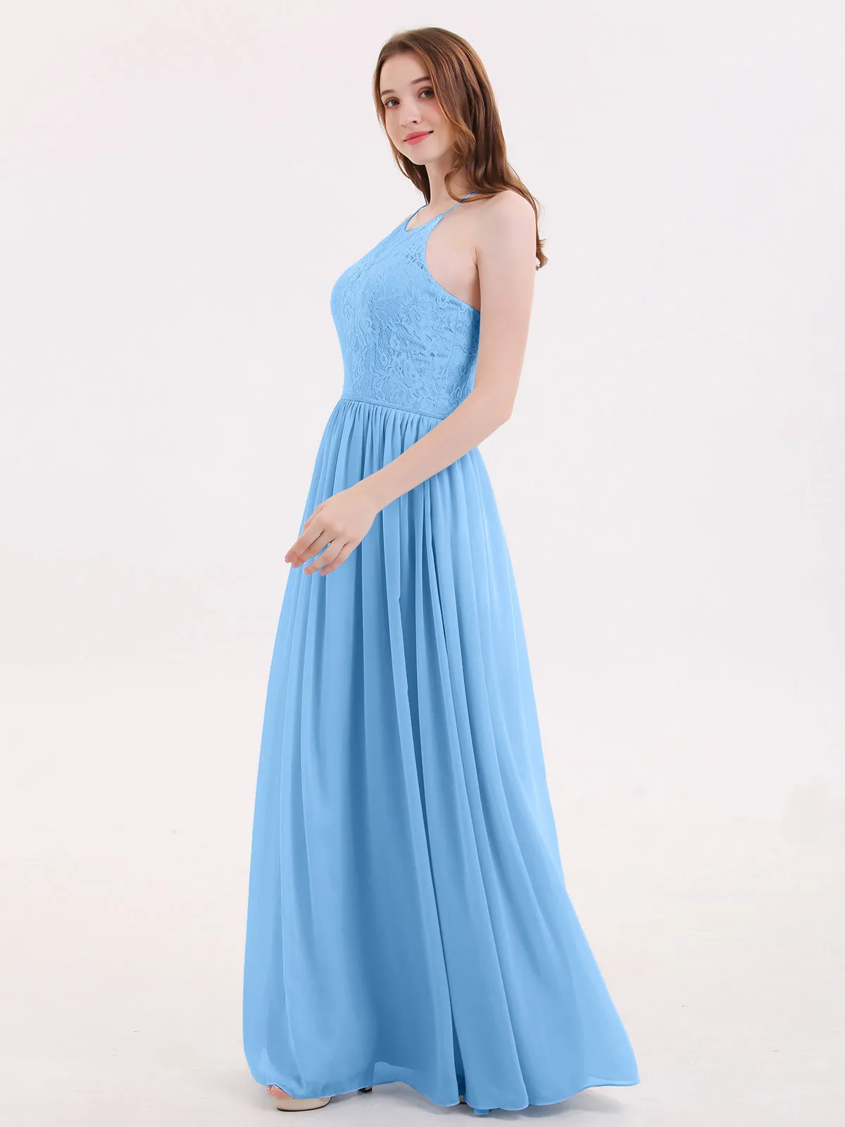 Illusion Neck Lace and Chiffon Maxi Gowns-Blue