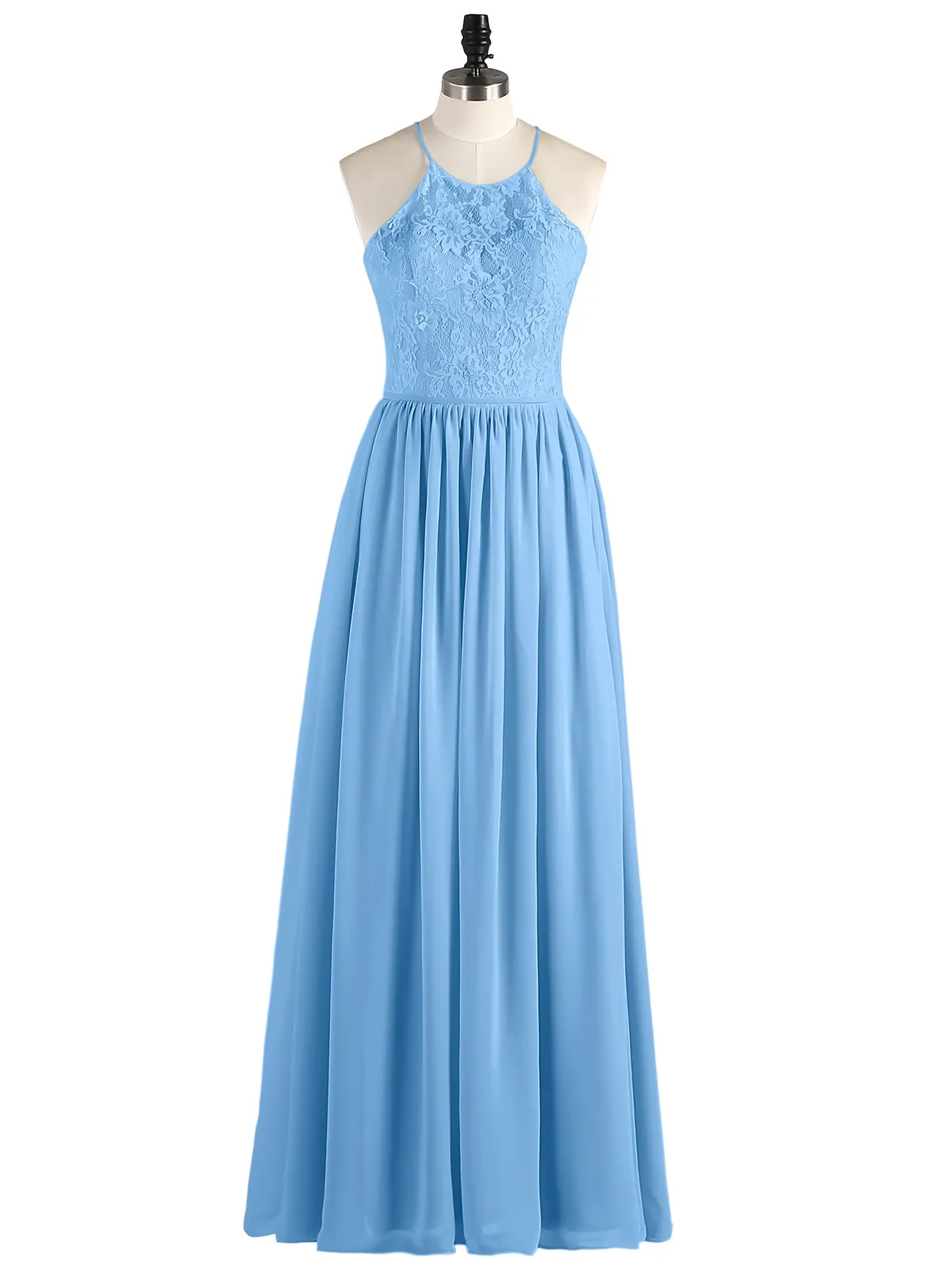 Illusion Neck Lace and Chiffon Maxi Gowns-Blue