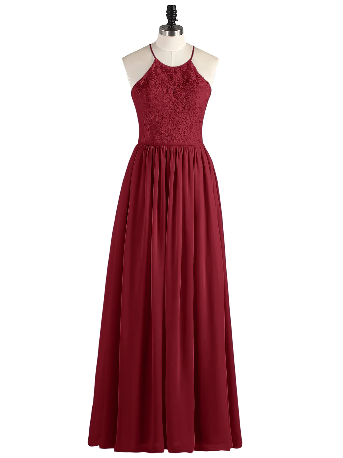 Illusion Neck Lace and Chiffon Maxi Gowns-Burgundy