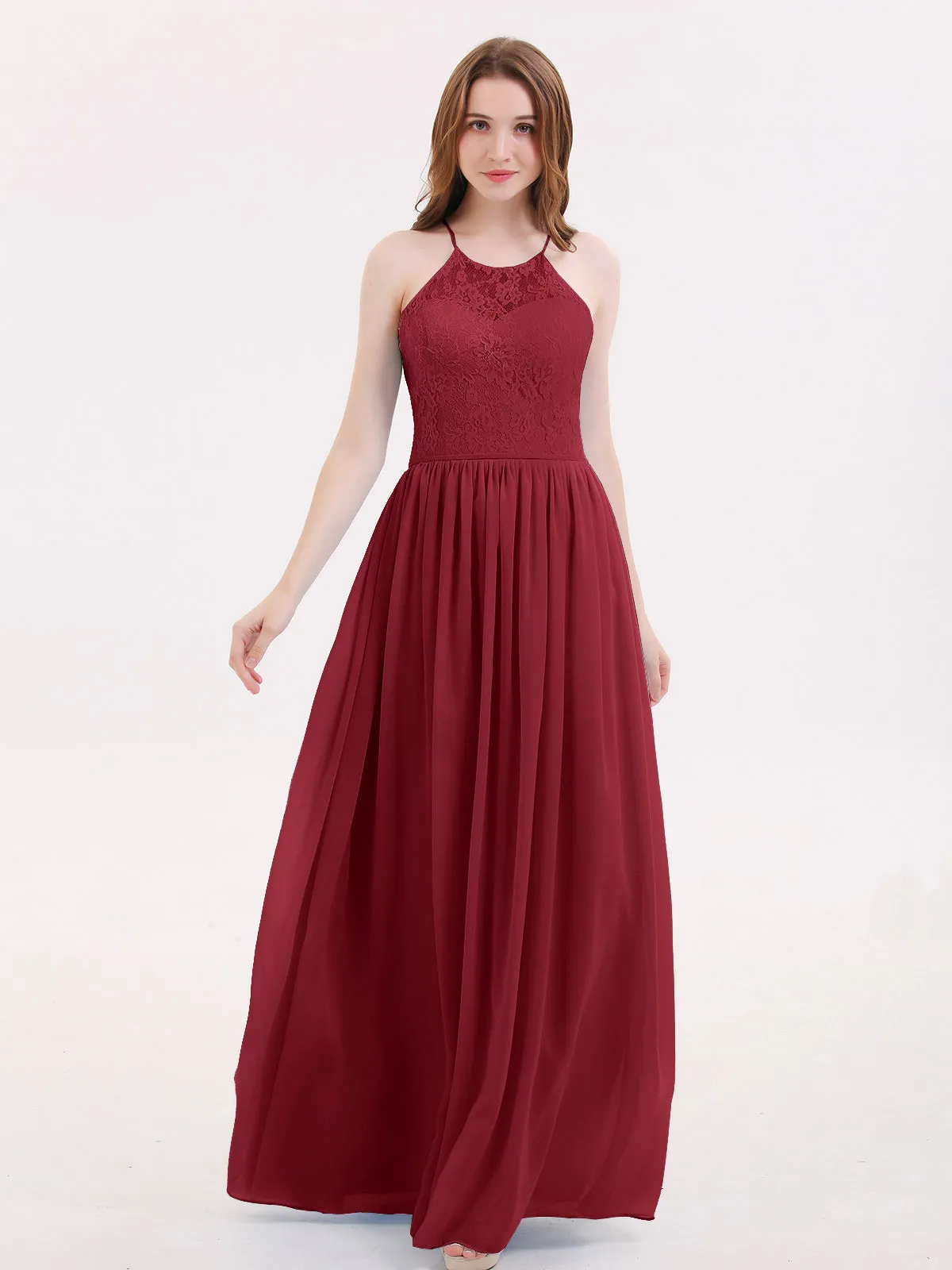 Illusion Neck Lace and Chiffon Maxi Gowns-Burgundy