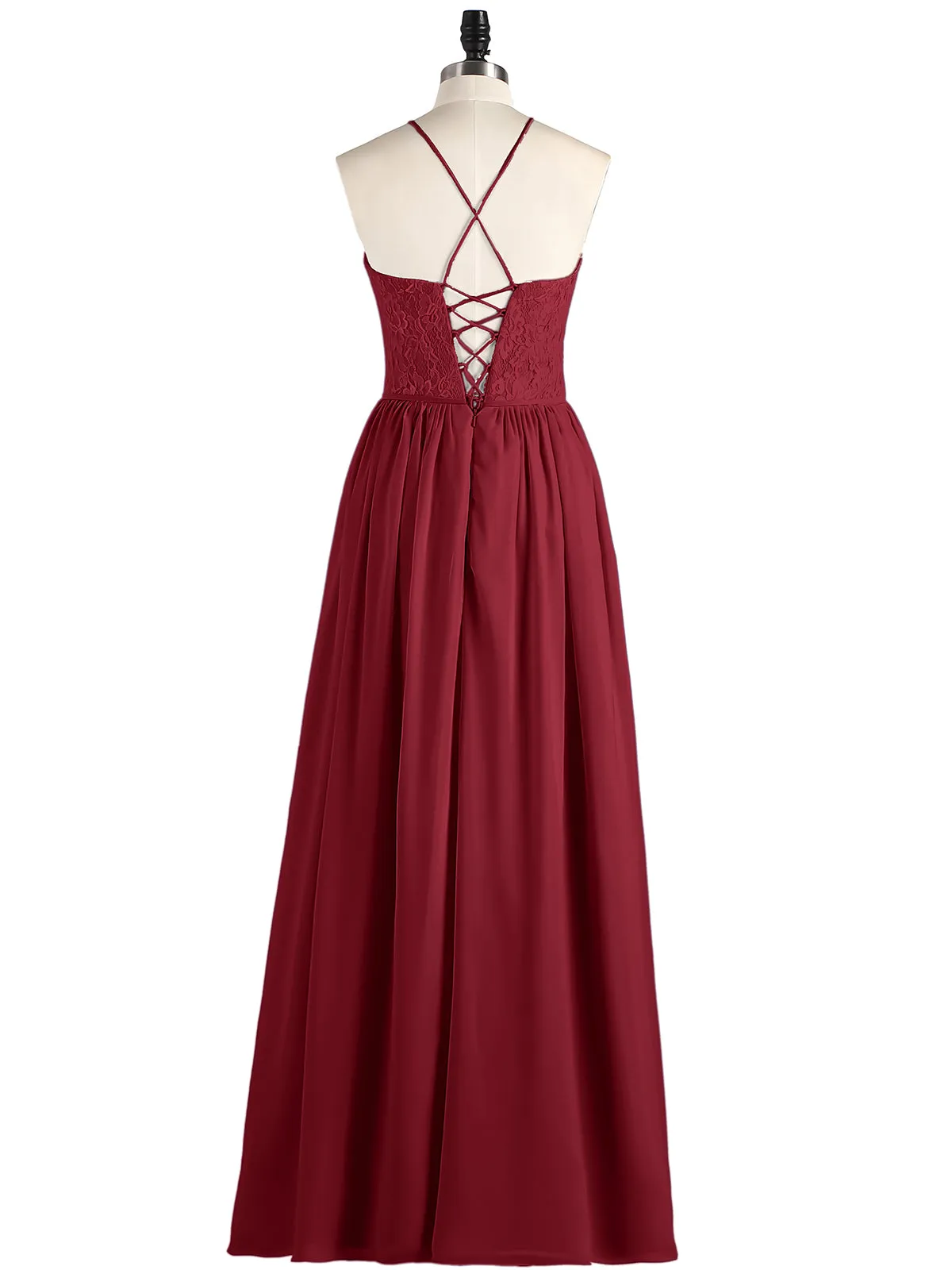 Illusion Neck Lace and Chiffon Maxi Gowns-Burgundy