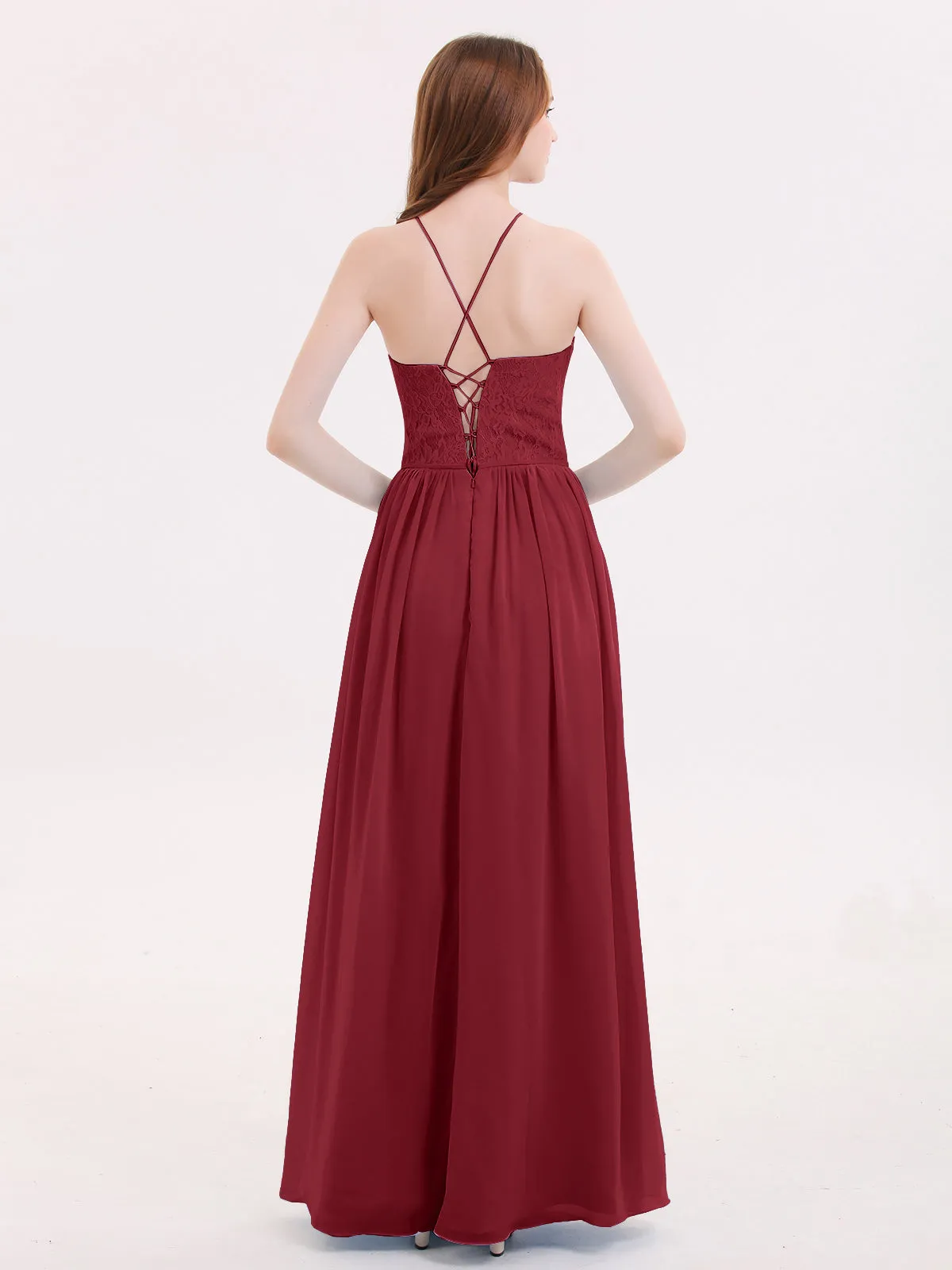 Illusion Neck Lace and Chiffon Maxi Gowns-Burgundy