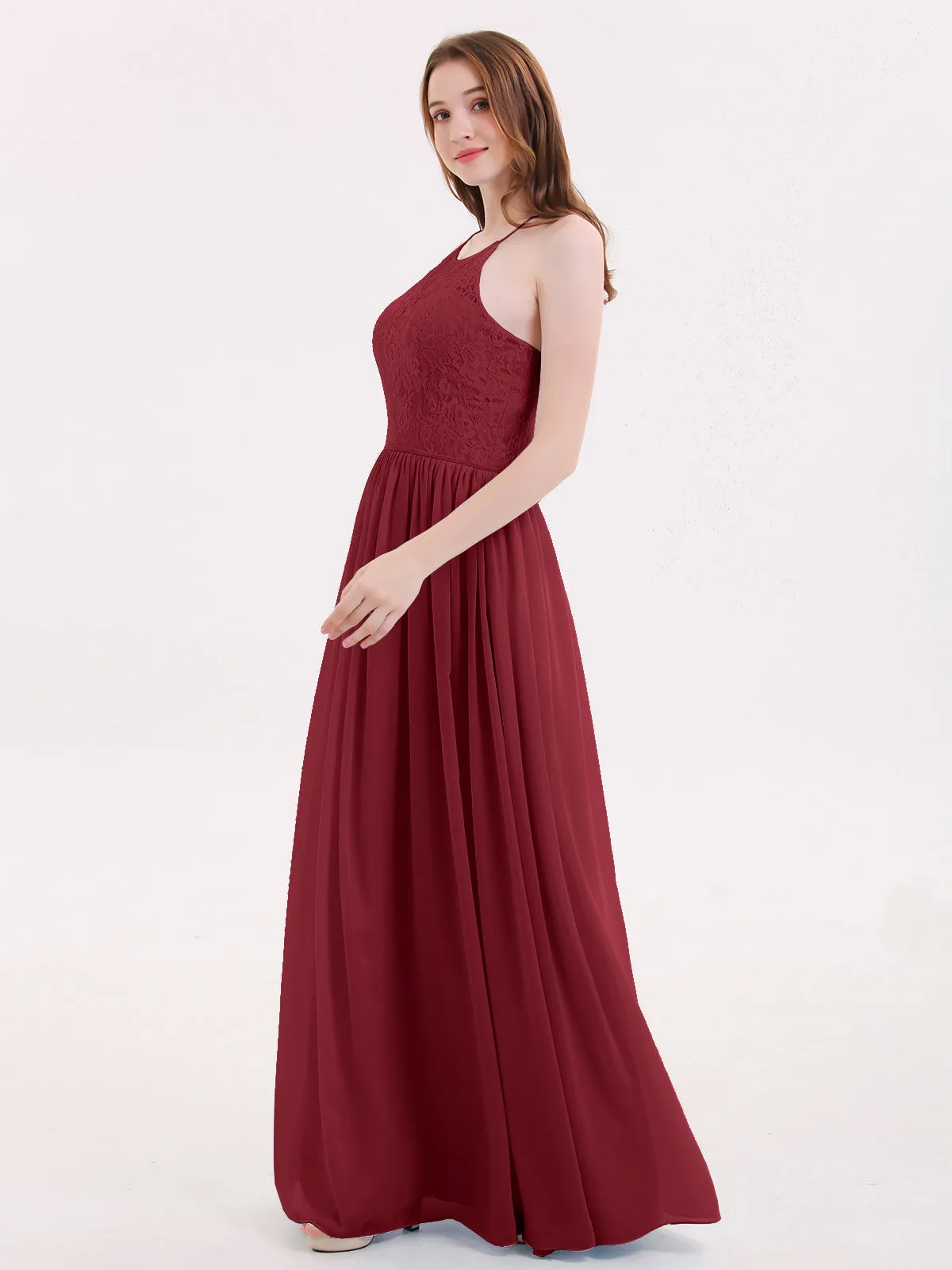 Illusion Neck Lace and Chiffon Maxi Gowns-Burgundy