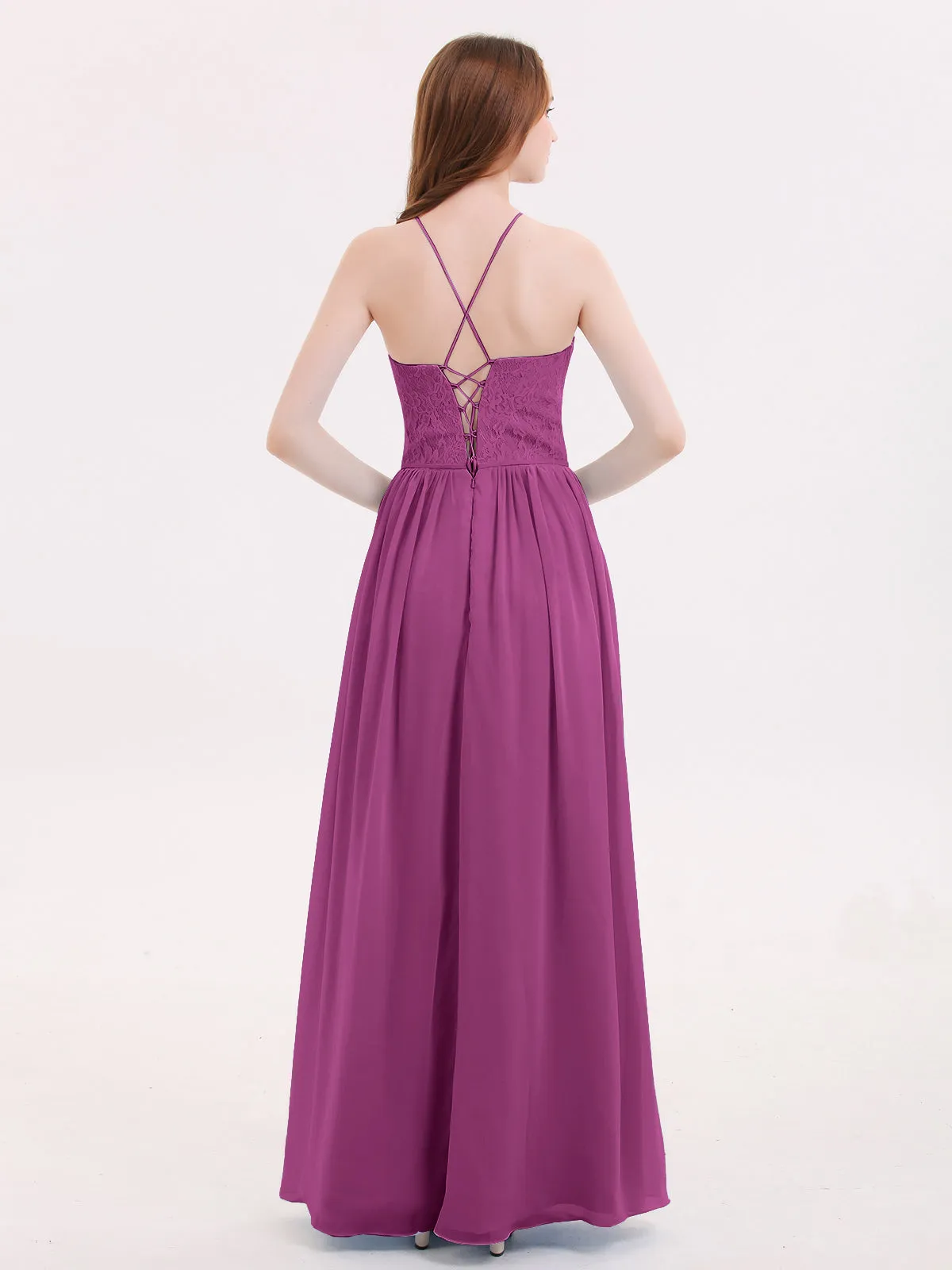 Illusion Neck Lace and Chiffon Maxi Gowns-Orchid