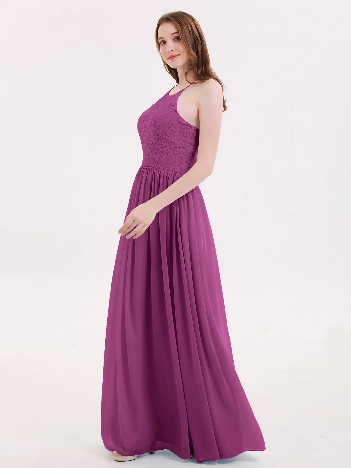 Illusion Neck Lace and Chiffon Maxi Gowns-Orchid