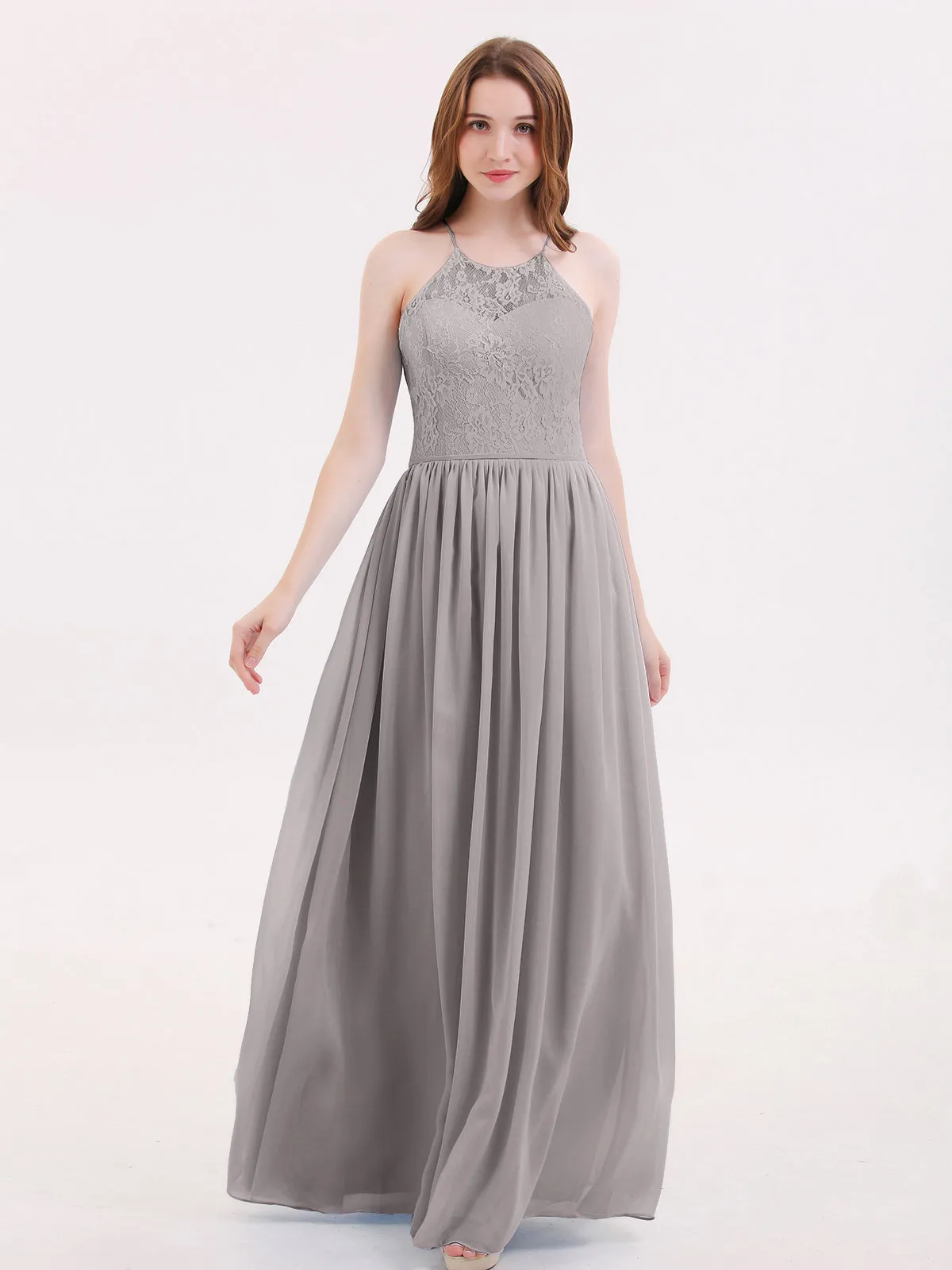 Illusion Neck Lace and Chiffon Maxi Gowns-Silver