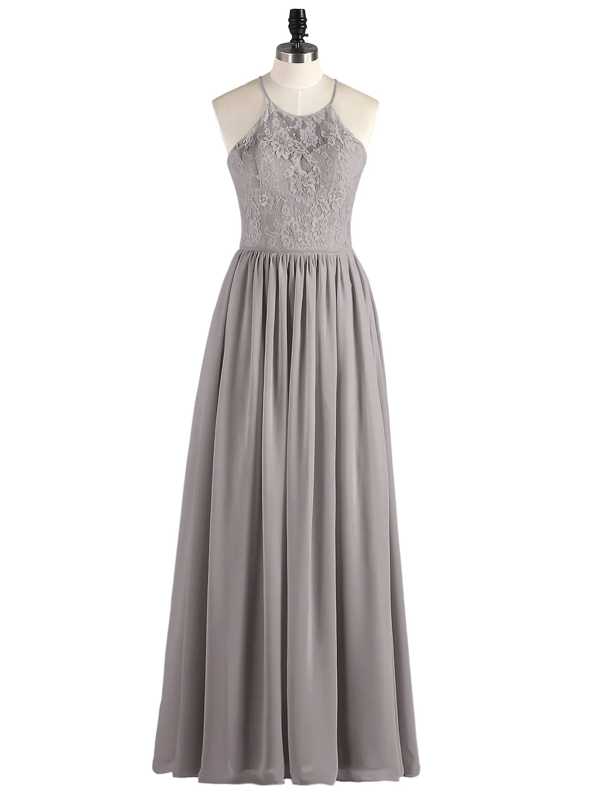 Illusion Neck Lace and Chiffon Maxi Gowns-Silver