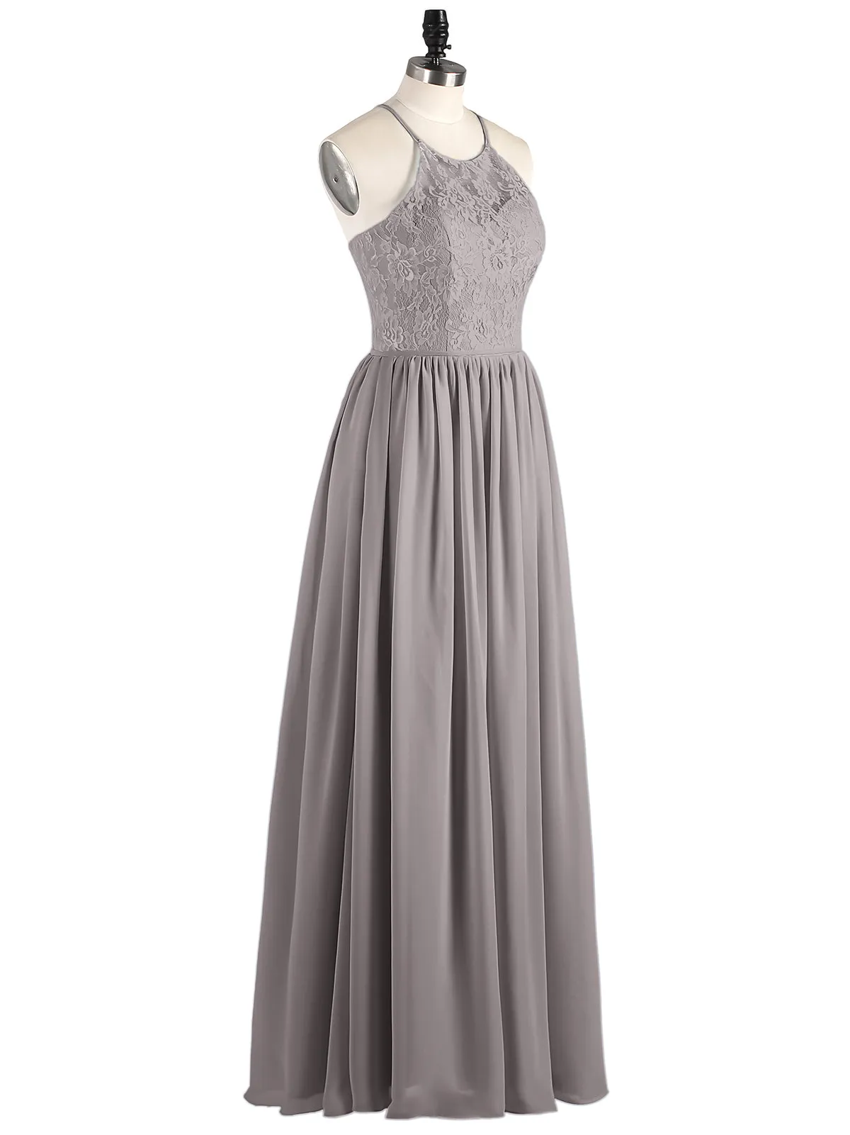 Illusion Neck Lace and Chiffon Maxi Gowns-Silver