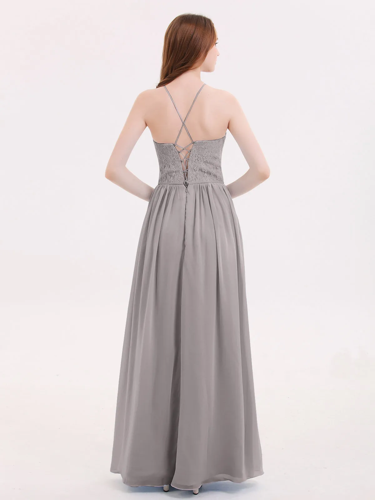Illusion Neck Lace and Chiffon Maxi Gowns-Silver