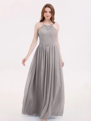 Illusion Neck Lace and Chiffon Maxi Gowns-Silver