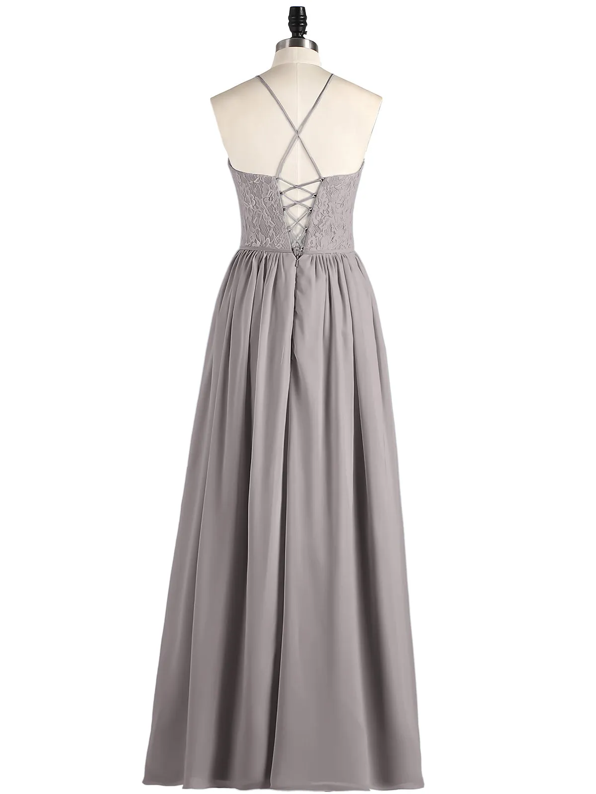 Illusion Neck Lace and Chiffon Maxi Gowns-Silver