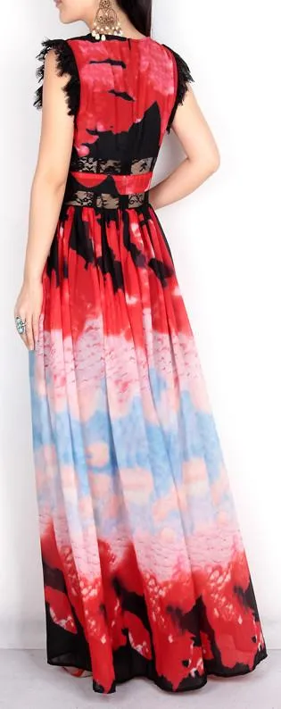 Lace Detailed Multi Colored Silk Maxi Dress