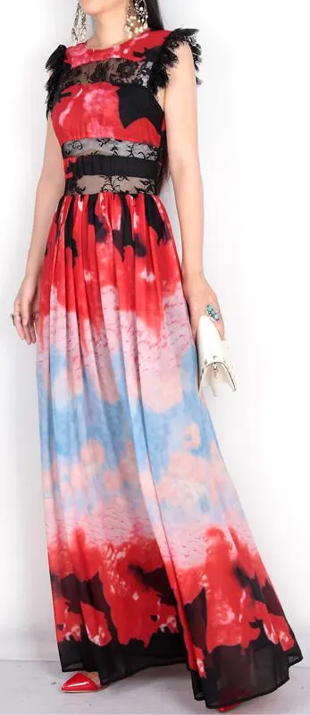 Lace Detailed Multi Colored Silk Maxi Dress