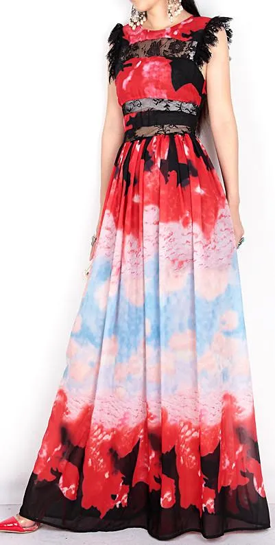 Lace Detailed Multi Colored Silk Maxi Dress