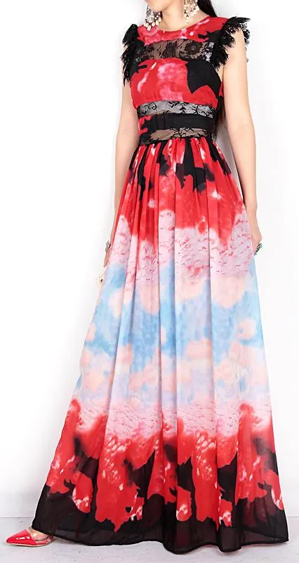 Lace Detailed Multi Colored Silk Maxi Dress