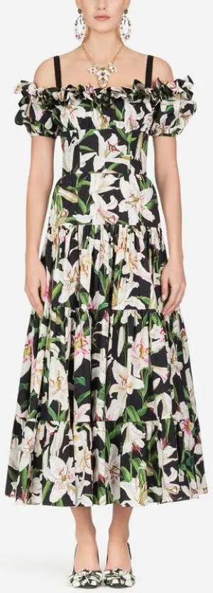 Long Lily Print Poplin Dress