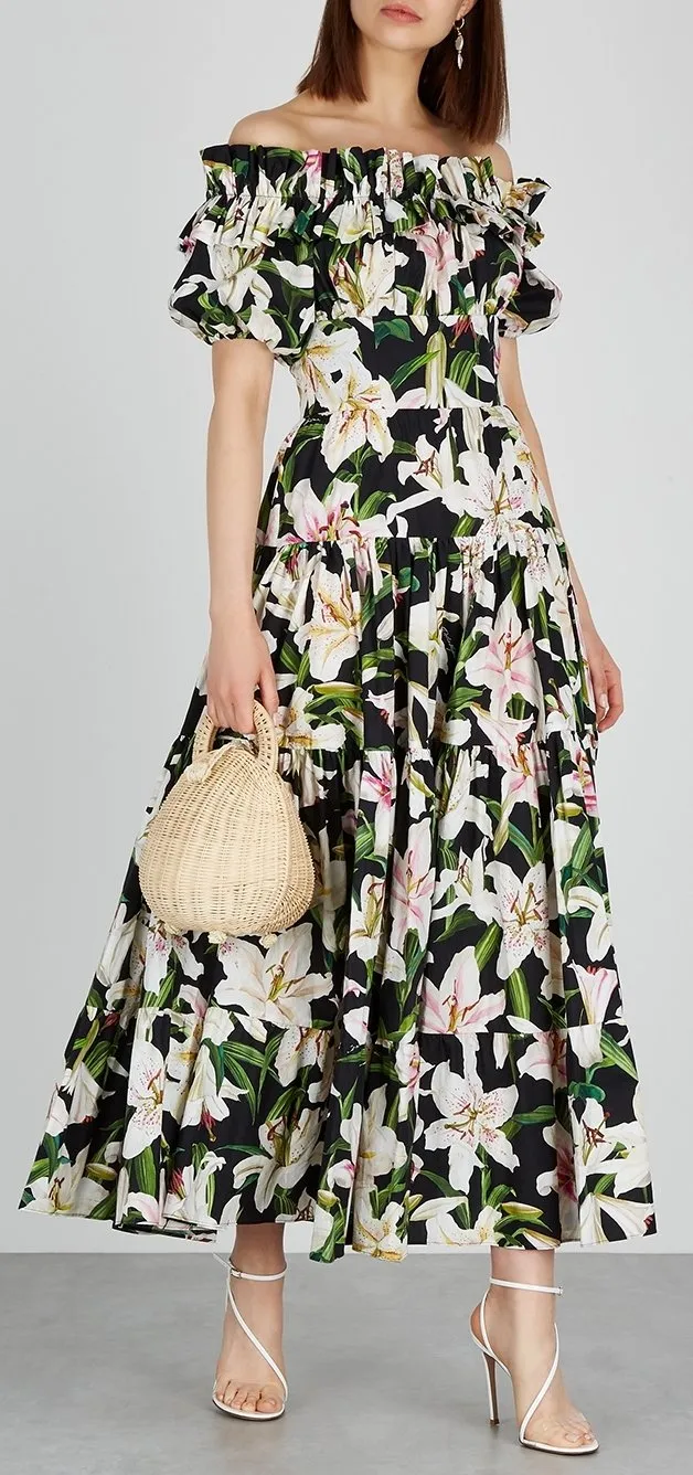 Long Lily Print Poplin Dress