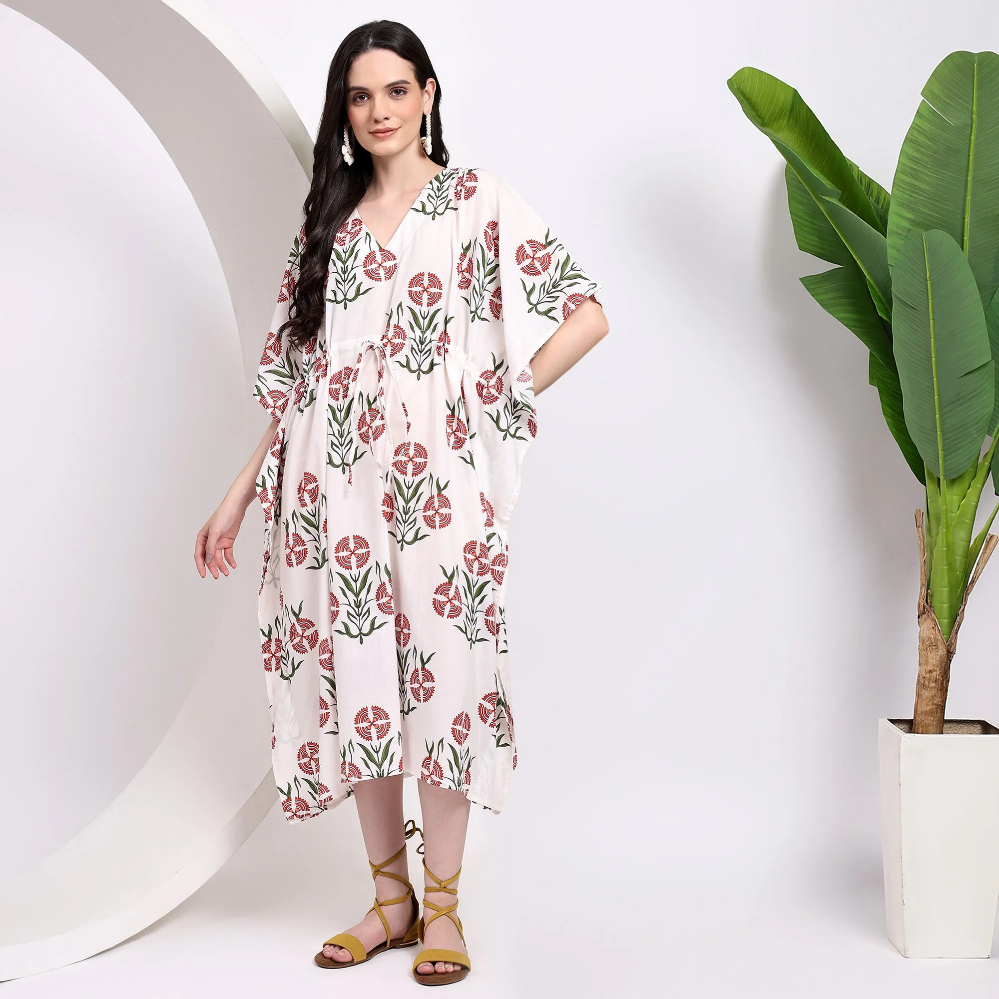 Midi Dress ~ Floral Block Printed Kaftans for Beachwear