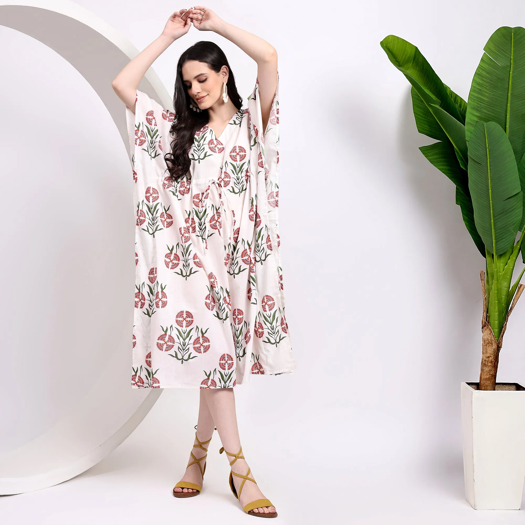 Midi Dress ~ Floral Block Printed Kaftans for Beachwear