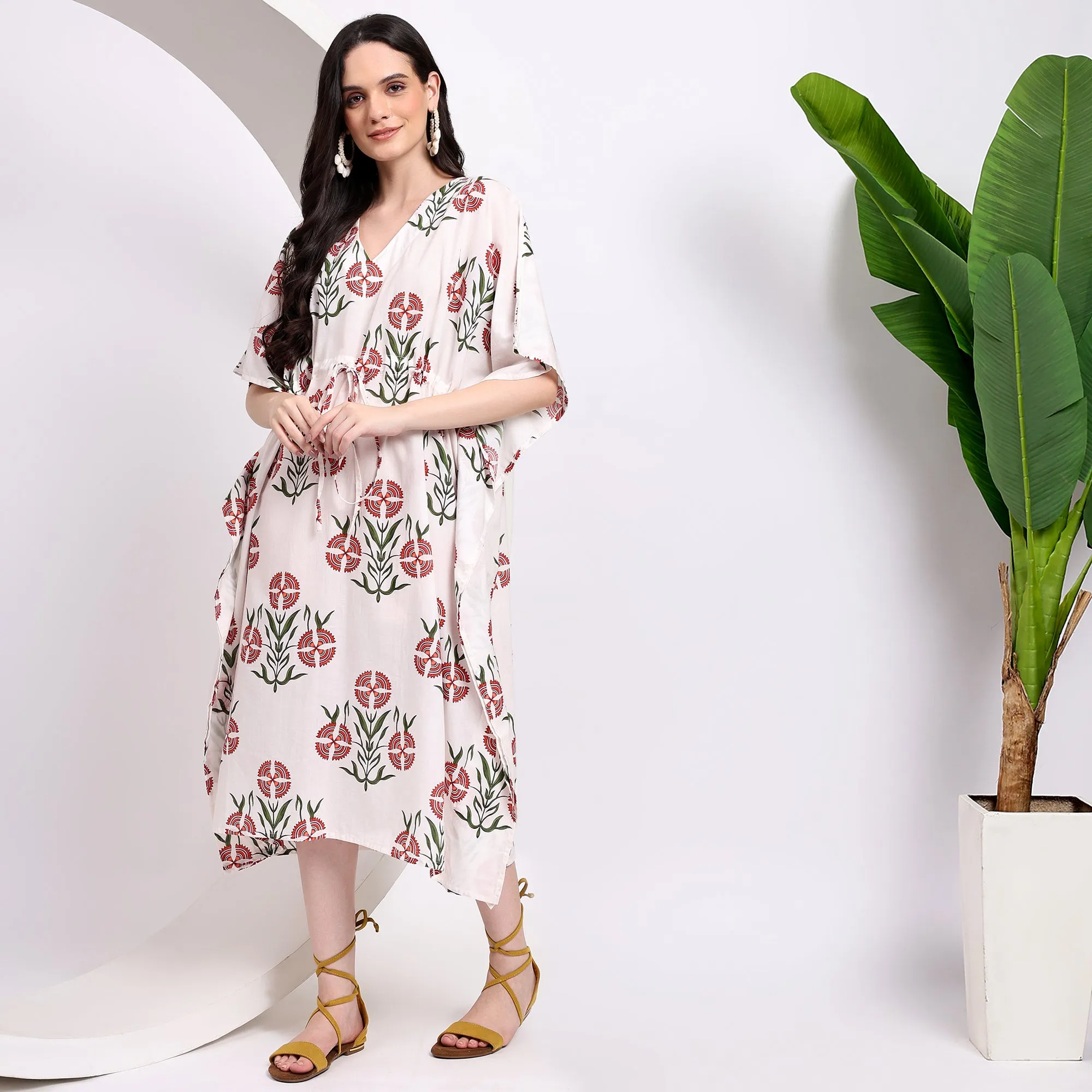 Midi Dress ~ Floral Block Printed Kaftans for Beachwear