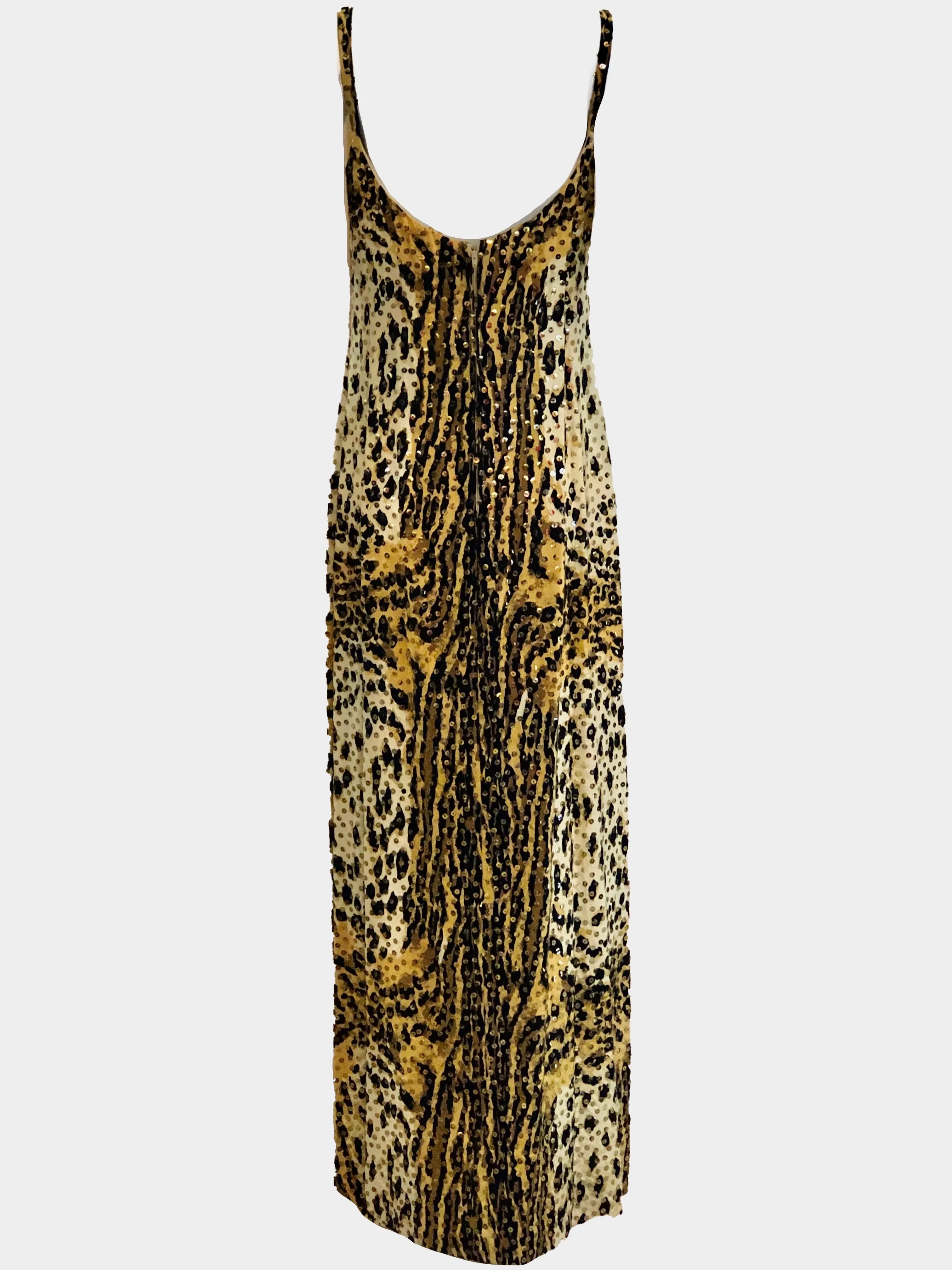 Mollie Parnis 1970's Leopard Print Gown with Sequins and Matching Jacket