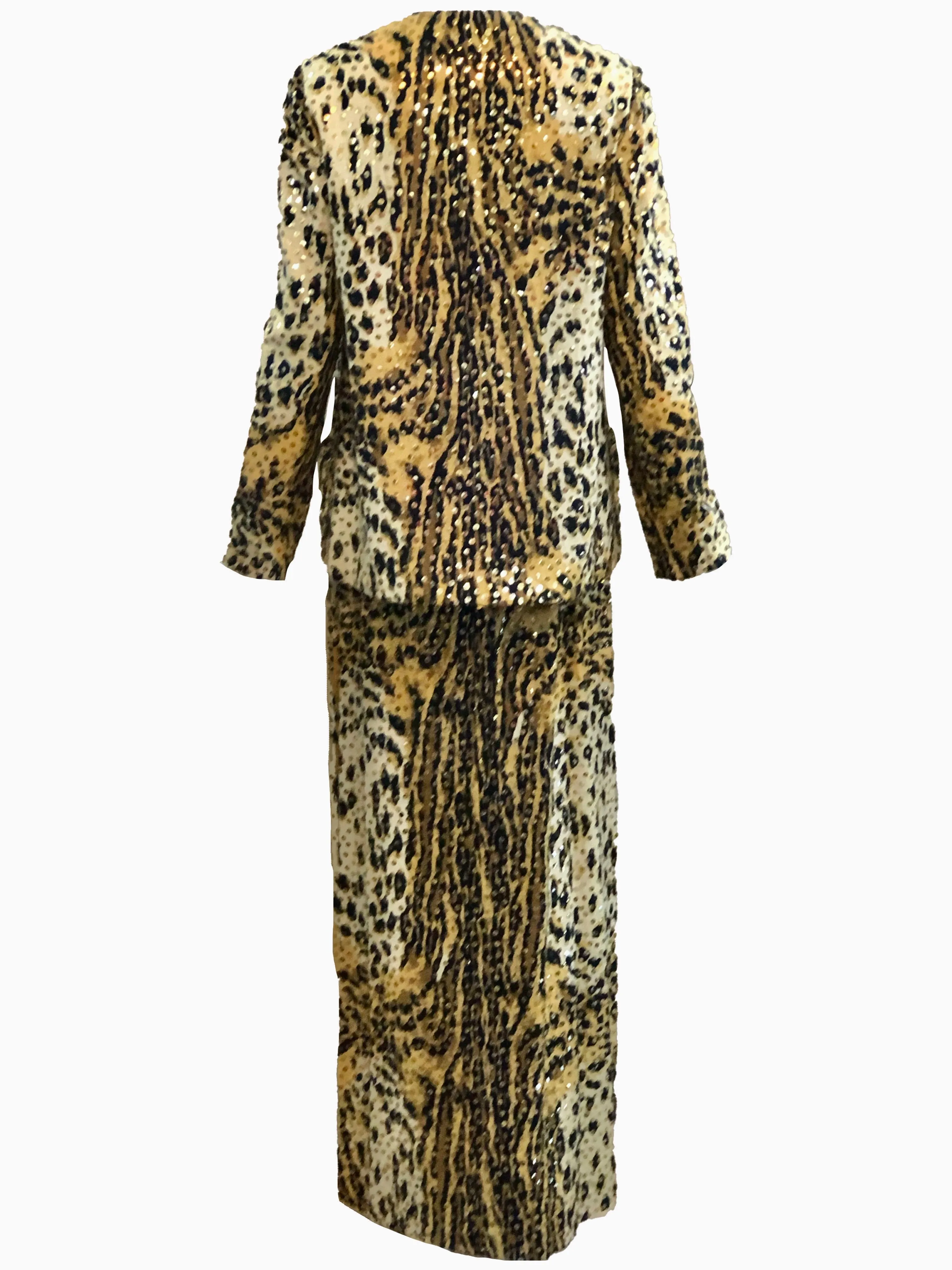 Mollie Parnis 1970's Leopard Print Gown with Sequins and Matching Jacket