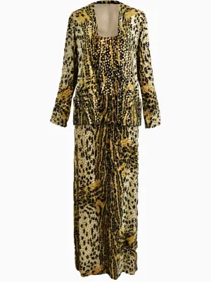 Mollie Parnis 1970's Leopard Print Gown with Sequins and Matching Jacket