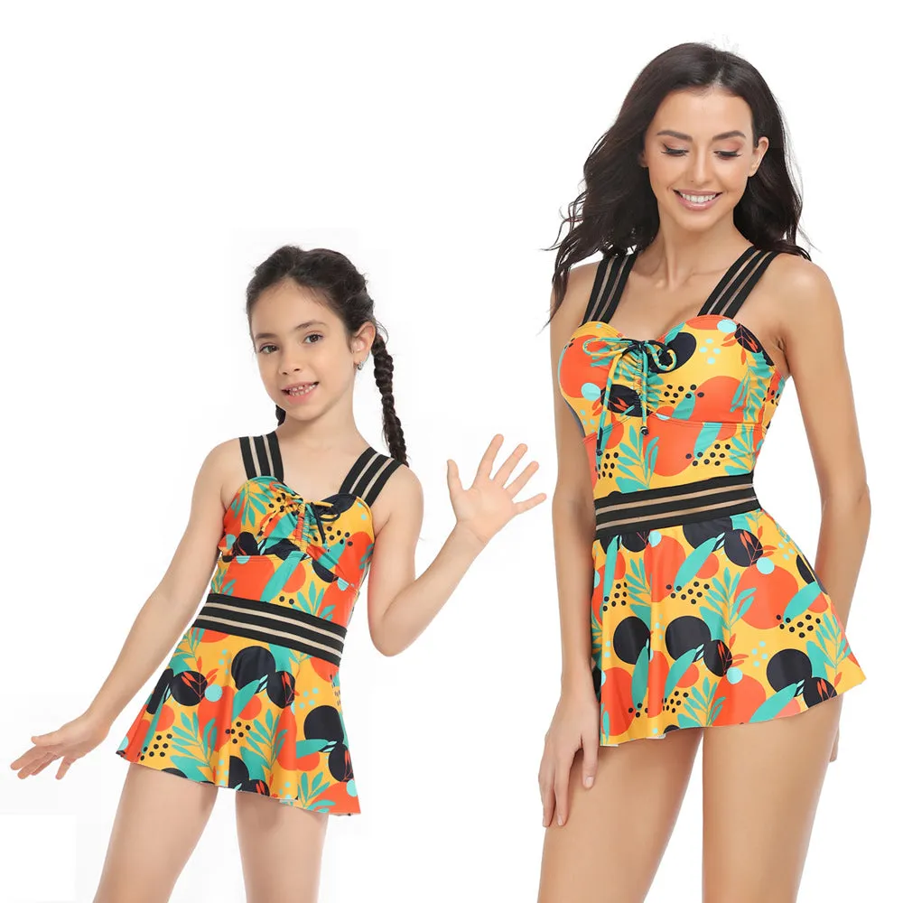 Mom and Daughter Allover Print Tape Contrast Mesh One Piece Swimsuit