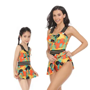 Mom and Daughter Allover Print Tape Contrast Mesh One Piece Swimsuit