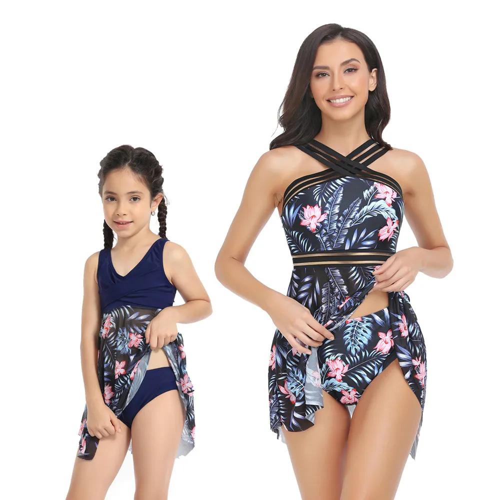 Mom and Daughter Plant Print Swim Dress With Bikini Bottom