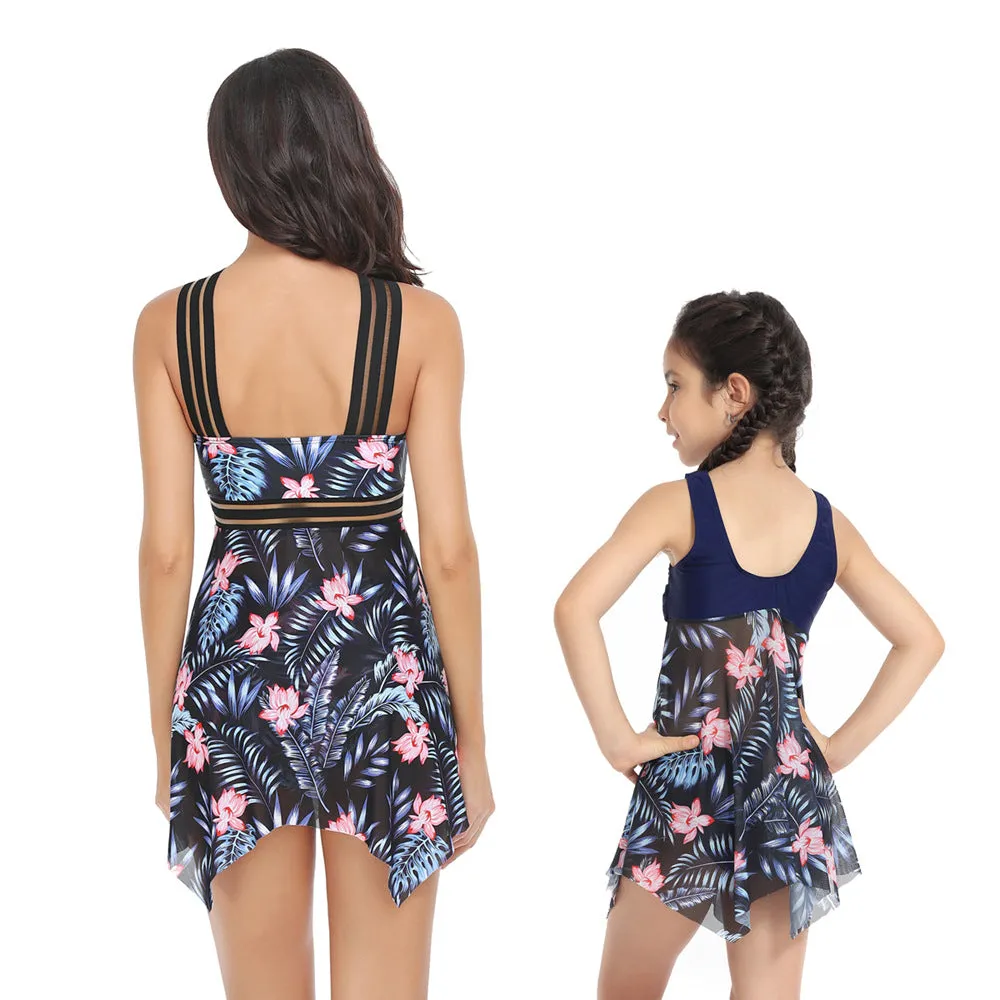 Mom and Daughter Plant Print Swim Dress With Bikini Bottom