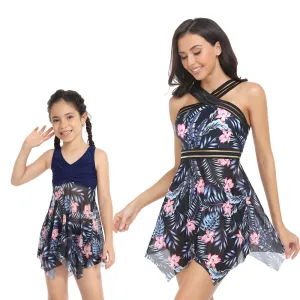 Mom and Daughter Plant Print Swim Dress With Bikini Bottom