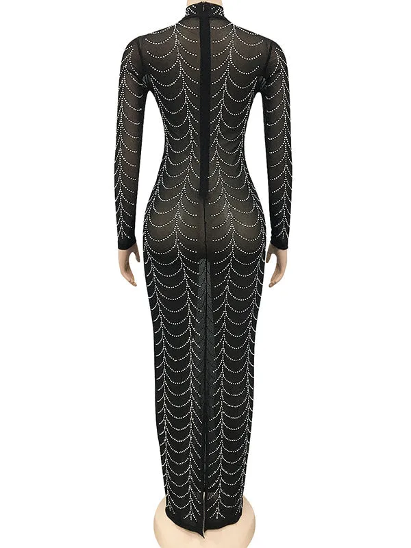 Momyknows Black Rhinestone Bodycon Mesh Long Sleeve Evening Gown Photoshoot Plus Size Club Maternity Maxi Dress