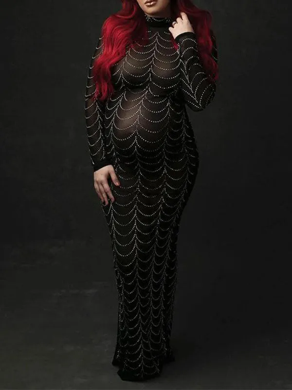 Momyknows Black Rhinestone Bodycon Mesh Long Sleeve Evening Gown Photoshoot Plus Size Club Maternity Maxi Dress