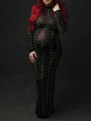 Momyknows Black Rhinestone Bodycon Mesh Long Sleeve Evening Gown Photoshoot Plus Size Club Maternity Maxi Dress