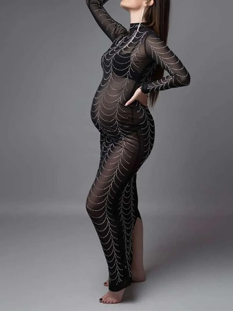 Momyknows Black Rhinestone Bodycon Mesh Long Sleeve Evening Gown Photoshoot Plus Size Club Maternity Maxi Dress