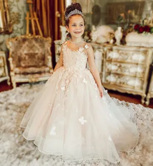 Mqtime Flower Girl Dresses for Wedding Pearl Pink Floral Tulle Luxury Princess Long Maxi Kids Bridesmaid Ball Gowns Birthday