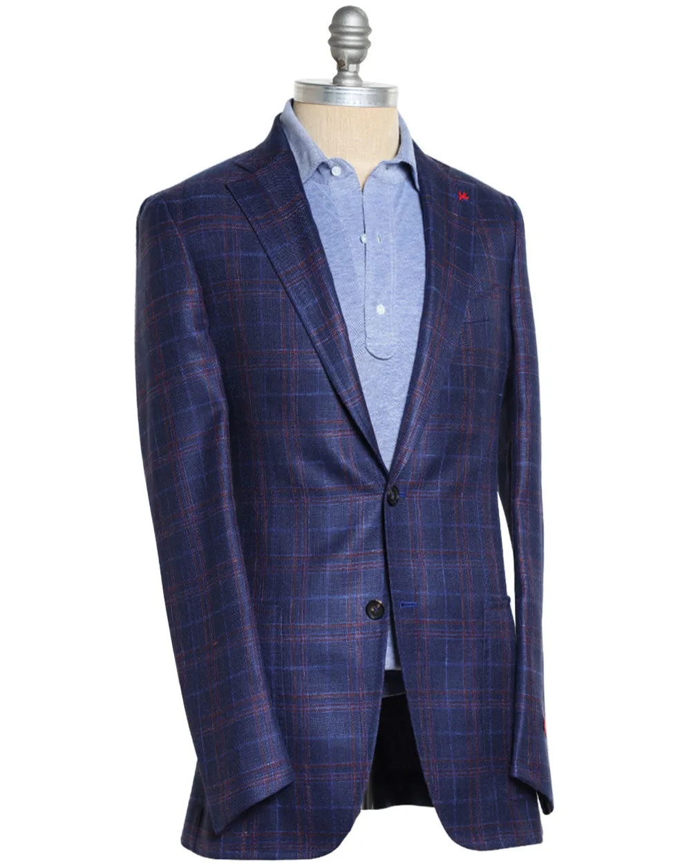 Navy and Orange Wool Blend Windowpane Sportcoat