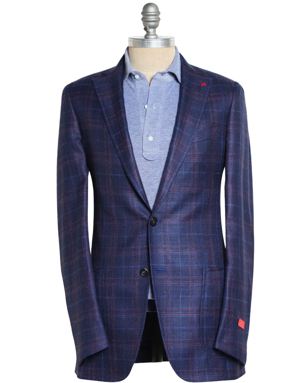 Navy and Orange Wool Blend Windowpane Sportcoat