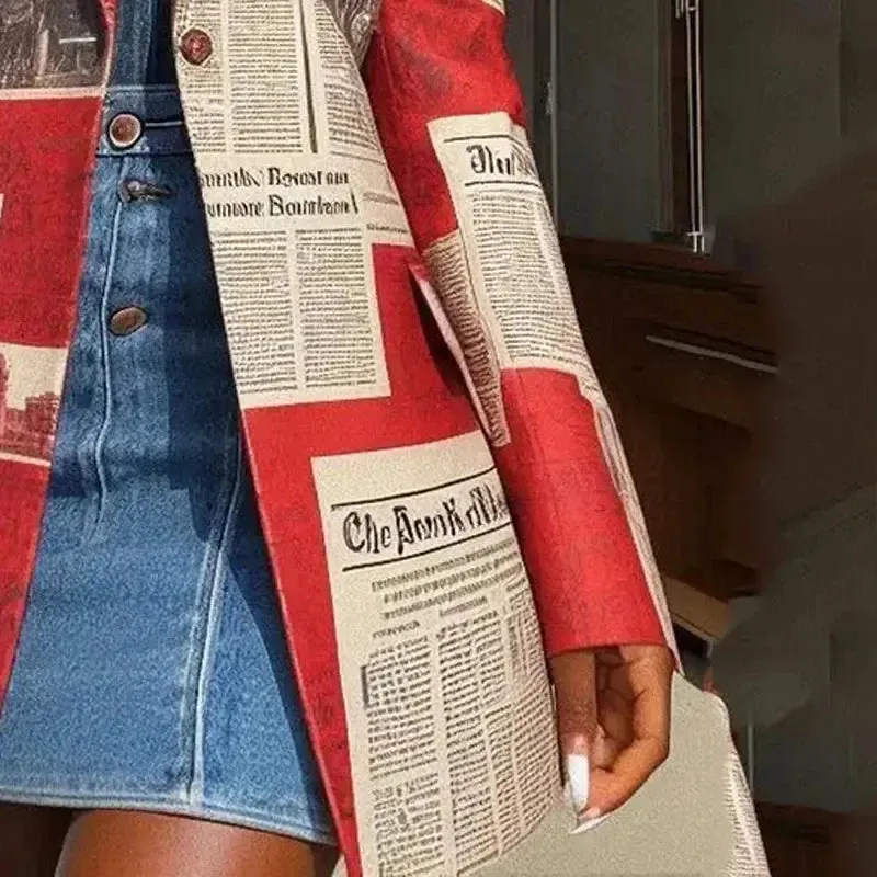 Newspaper Print Notched Collar Long Blazer