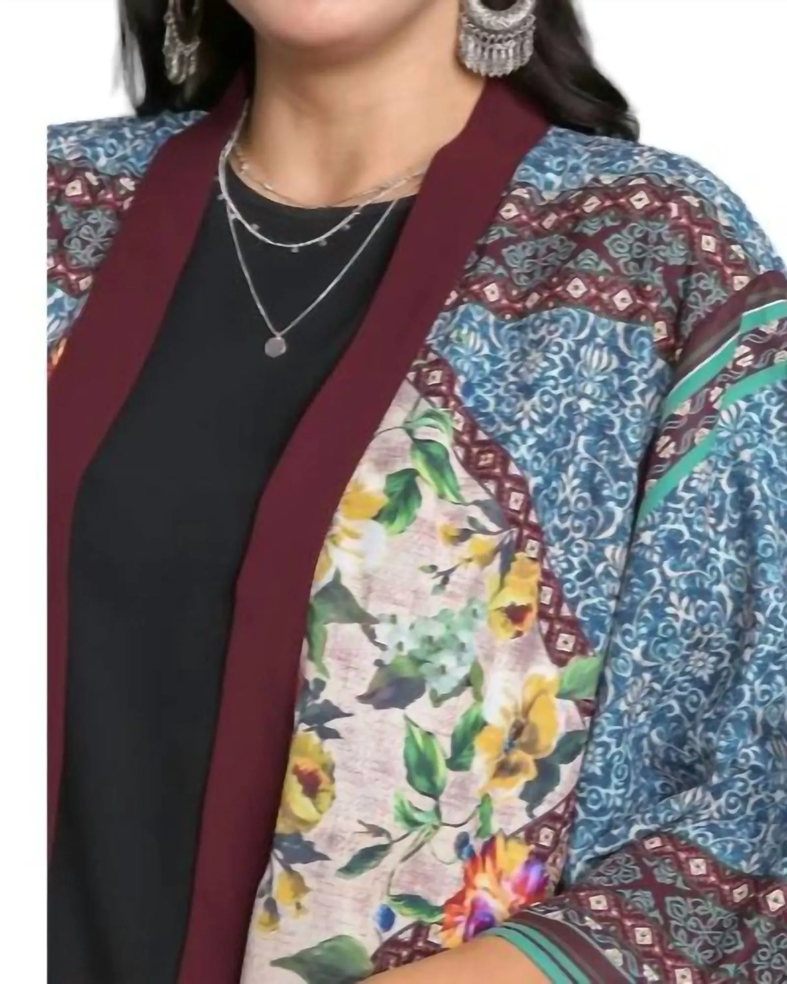 Open Front Print Kimono in Maroon Mix Plus | Maroon Mix Plus
