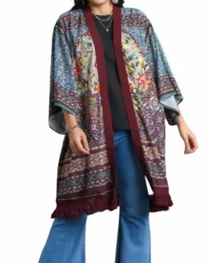 Open Front Print Kimono in Maroon Mix Plus | Maroon Mix Plus