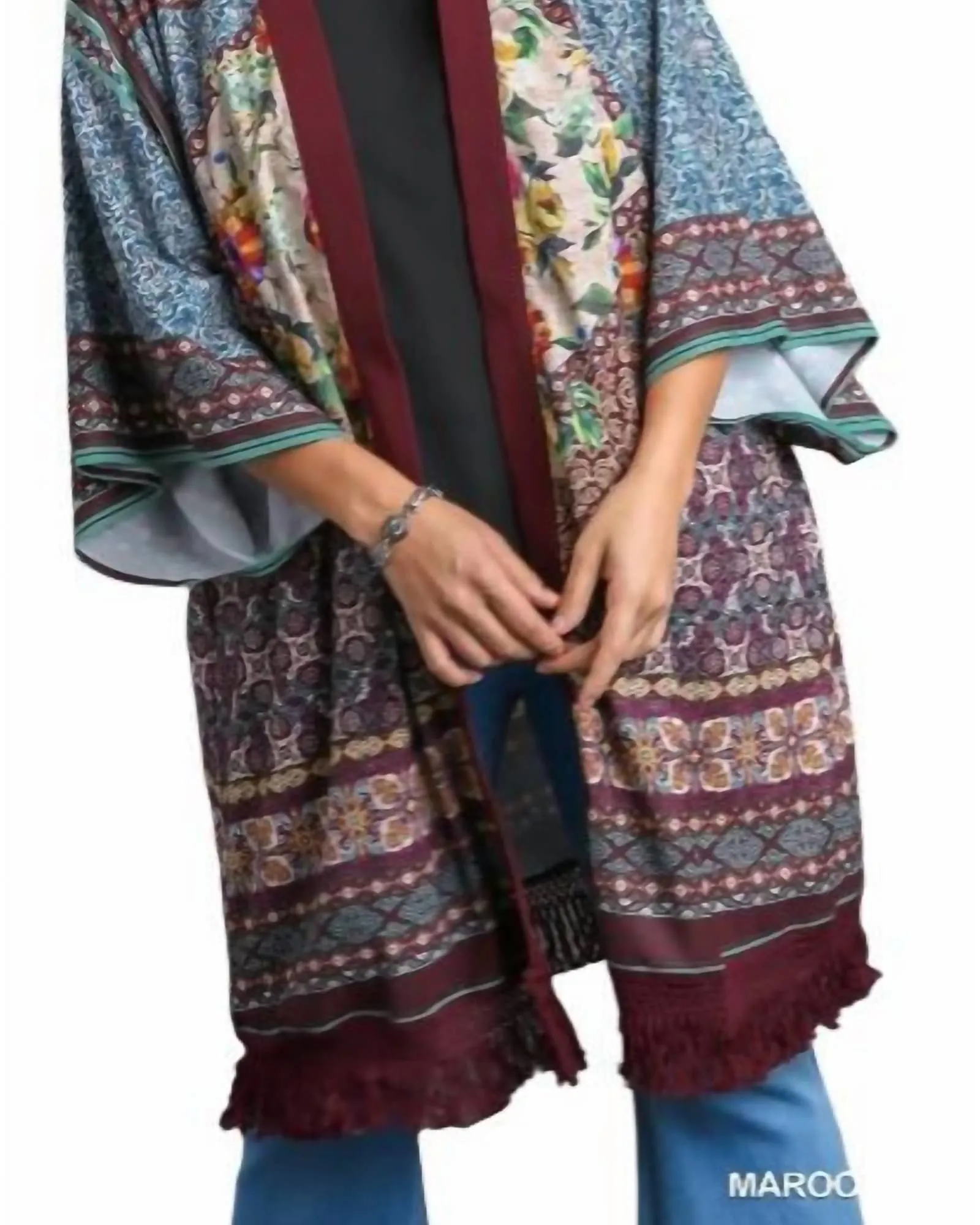 Open Front Print Kimono in Maroon Mix Plus | Maroon Mix Plus