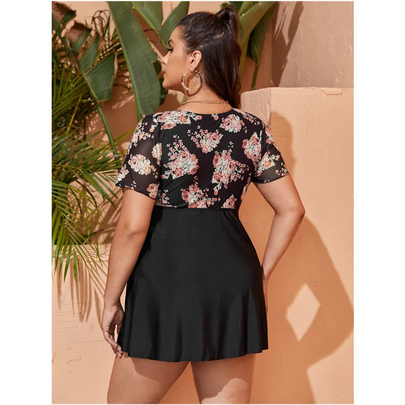 Plus Floral Flounce Bikini Swimsuit Black