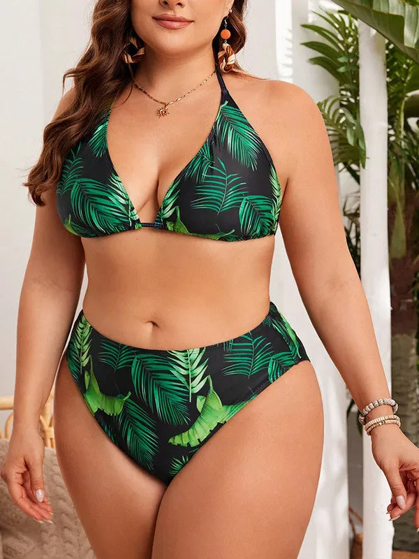 Plus Size Short Drawstring Side Halter Neck Bikini Set With Cover Up Light Green
