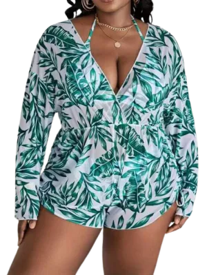 Plus Tropical Print Halter Triangle Bikini Swimsuit White