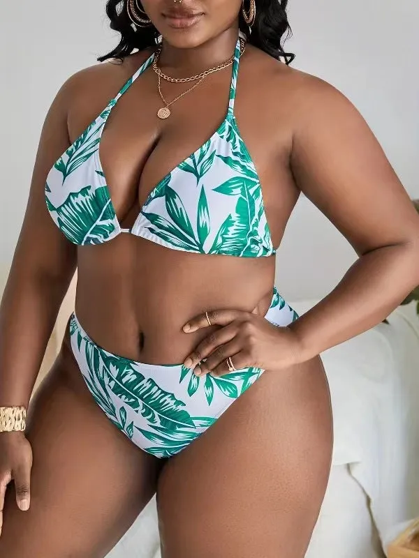 Plus Tropical Print Halter Triangle Bikini Swimsuit White