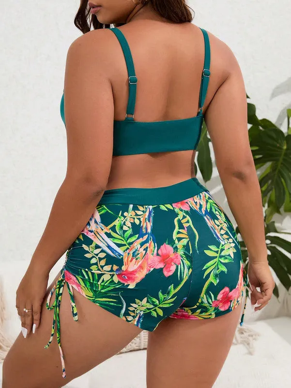 Plus Tropical Print Push Up Bikini Swimsuit Dark Green